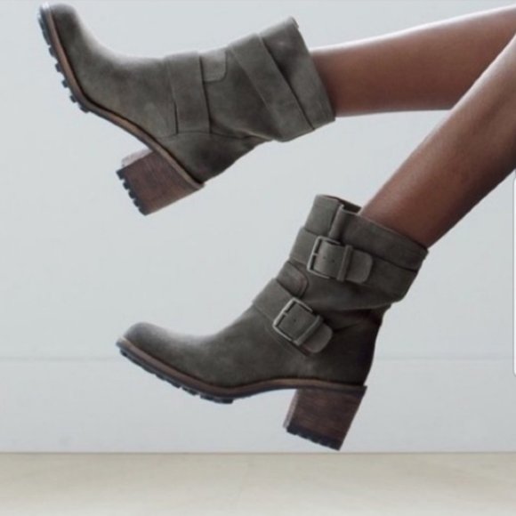 Sam Edelman Shoes - SAM EDELMAN Troy Moto Boots Gray Suede Leather Buckle Chunky Mid Ankle Calf 9